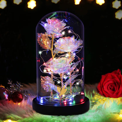 Valentines Silver Flowers Gifts for Her,Beauty and the Beast Rose Glowing Rose Gift,Glass Galaxy Flower Gift,Rainbow Valentines Rose Flower Gift,Beast Rose Xmas Day Gifts for Mom,Women,Wife'S,Grandma