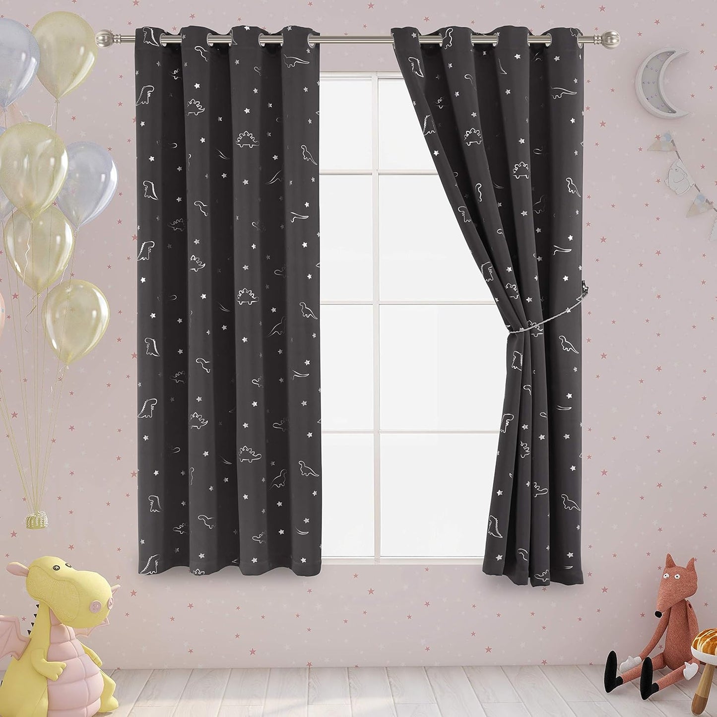 Foldable Dinosaur and Star Foil Print Blackout Curtains for Kids Room - Thermal Insulated Curtains Noise Reducing Window Drapes for Boys and Girls Bedroom, 52 X 63 Inch, Grey, Set of 2 Panel Foldable 