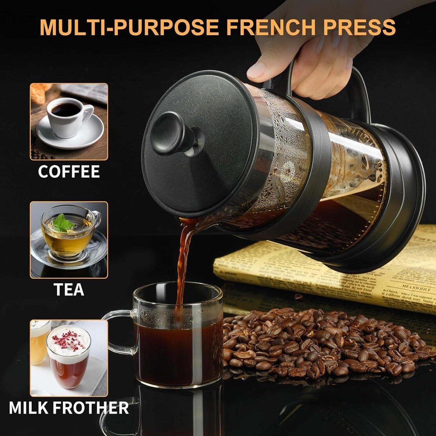 Multi-Purpose French Press French Press Coffee Maker 34Oz Glass Portable Cold Brew Coffee Maker Tea Pot