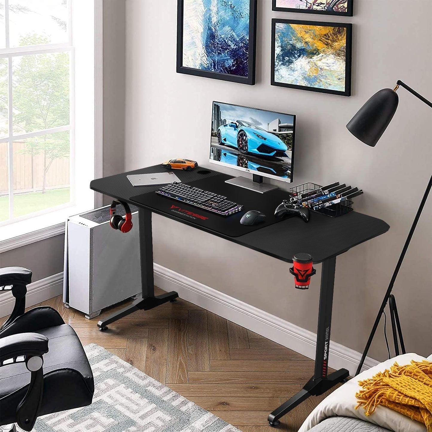 Perfect for Bedroom Space Ergonomic Gaming Desk 55 Inch, T Shaped Office PC Computer Desk with Desk Mouse Pad, Gamer Tables with Gaming Handle Rack, Cup Holder Headphone Hook