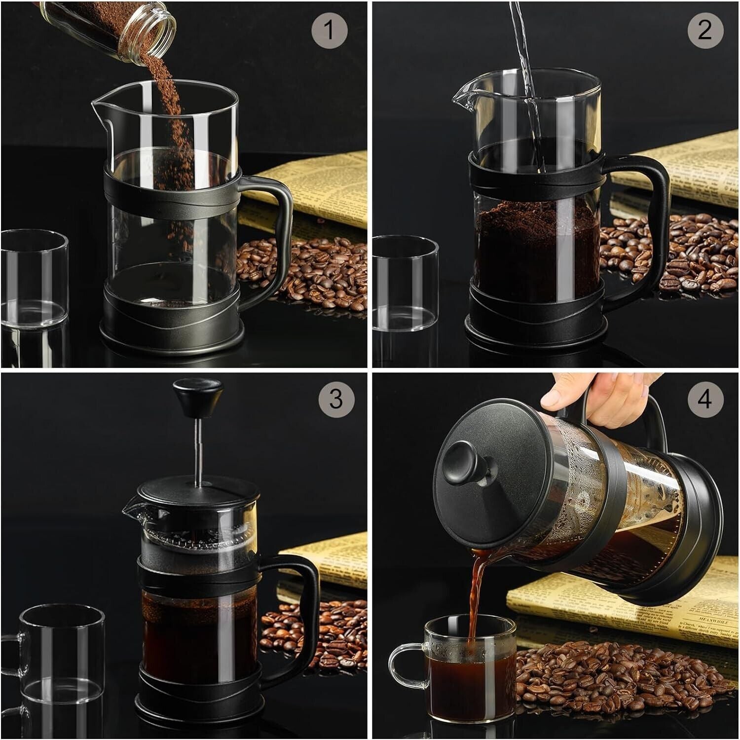 Black French Press Coffee Maker 34Oz Glass Portable Cold Brew Coffee Maker Tea Pot