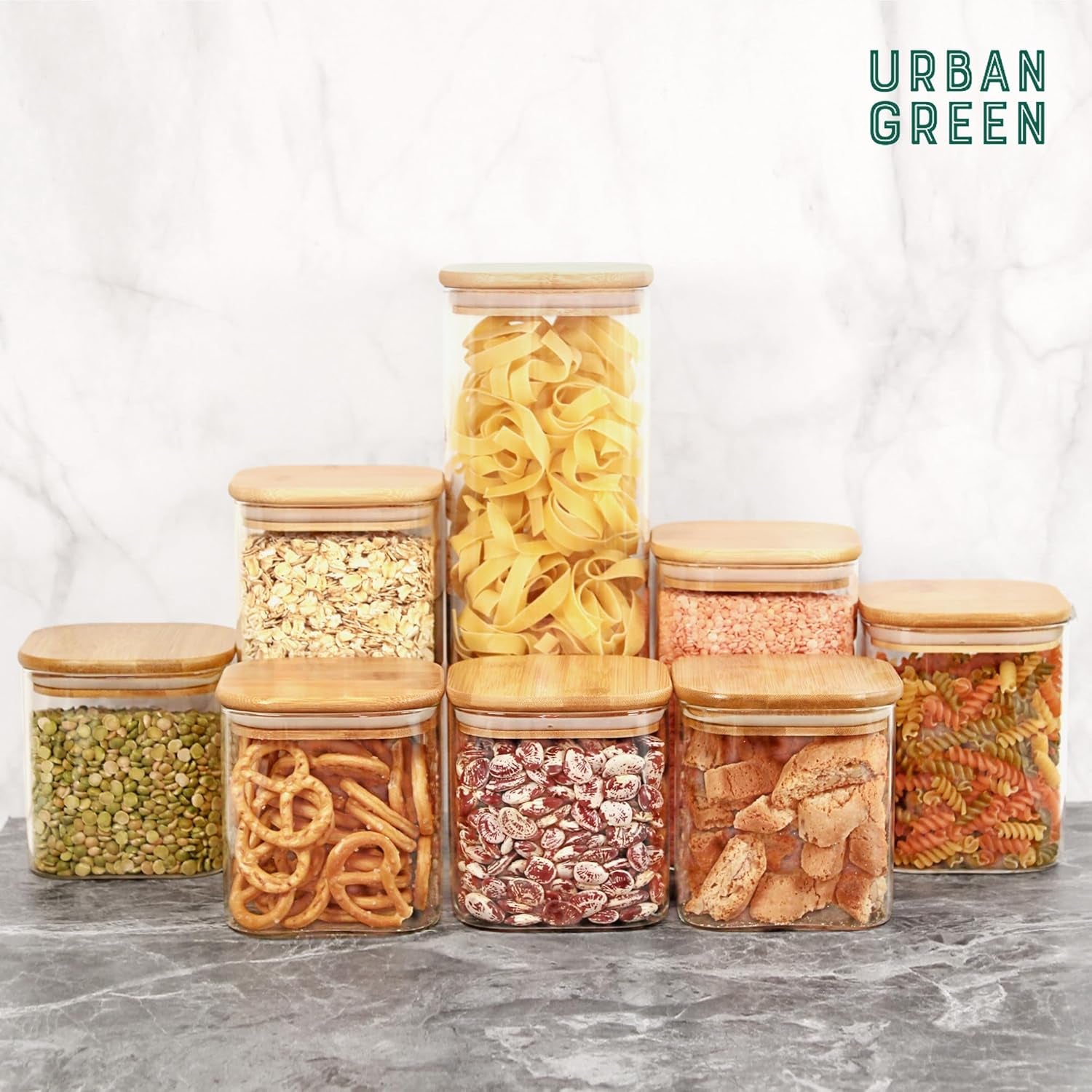 Urban Green Glass Jars with Lids, Glass Airtight Canisters Sets with Bamboo Lids, Glass Containers, Pantry Organization and Storage, Kitchen Canisters Sets, Glass Food Jars, Pantry Jars Sets of 5