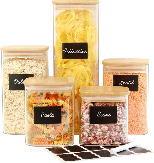 Glass Jars with Lids, Glass Airtight Canisters Sets with Bamboo Lids, Glass Containers, Pantry Organization and Storage, Kitchen Canisters Sets, Glass Food Jars, Pantry Jars Sets of 5