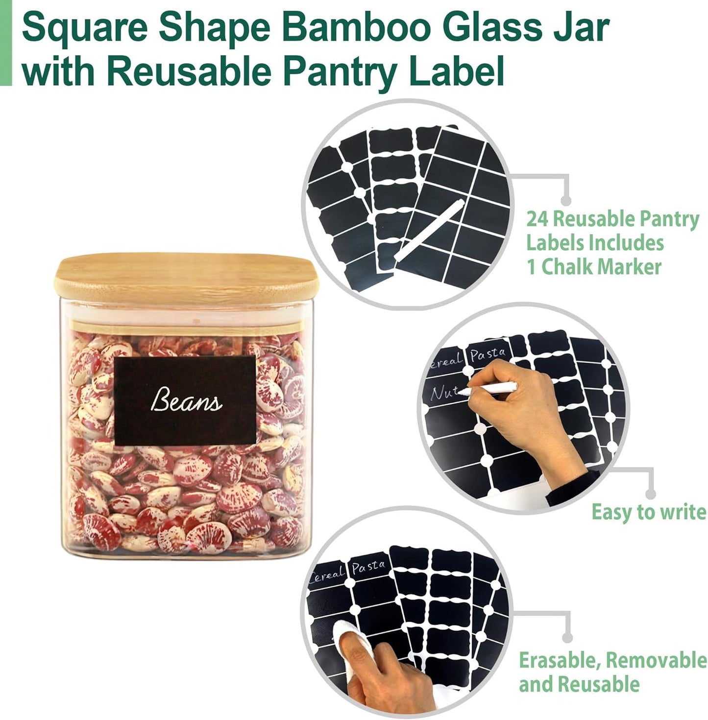 Reusable Pantry Label Glass Jars with Lids, Glass Airtight Canisters Sets with Bamboo Lids, Glass Containers, Pantry Organization and Storage, Kitchen Canisters Sets, Glass Food Jars, Pantry Jars Sets of 5