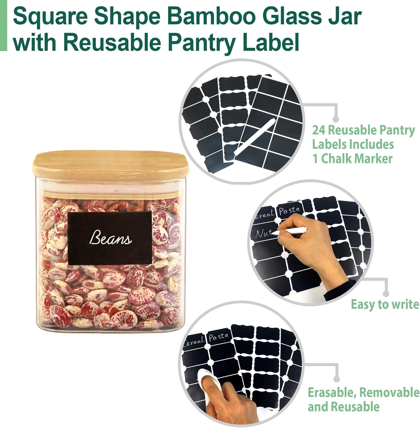 Reusable Pantry Label Glass Jars with Lids, Glass Airtight Canisters Sets with Bamboo Lids, Glass Containers, Pantry Organization and Storage, Kitchen Canisters Sets, Glass Food Jars, Pantry Jars Sets of 5