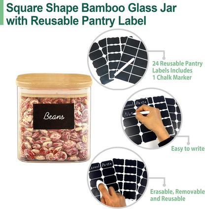Reusable Pantry Label Glass Jars with Lids, Glass Airtight Canisters Sets with Bamboo Lids, Glass Containers, Pantry Organization and Storage, Kitchen Canisters Sets, Glass Food Jars, Pantry Jars Sets of 5