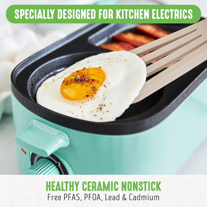 Specially Designed for Kitchen Electrics 3-In-1 Breakfast Maker Station, Ceramic Nonstick Dual Griddles & Breakfast Sandwiches, 2 Slice Toast Drawer, Turquoise
