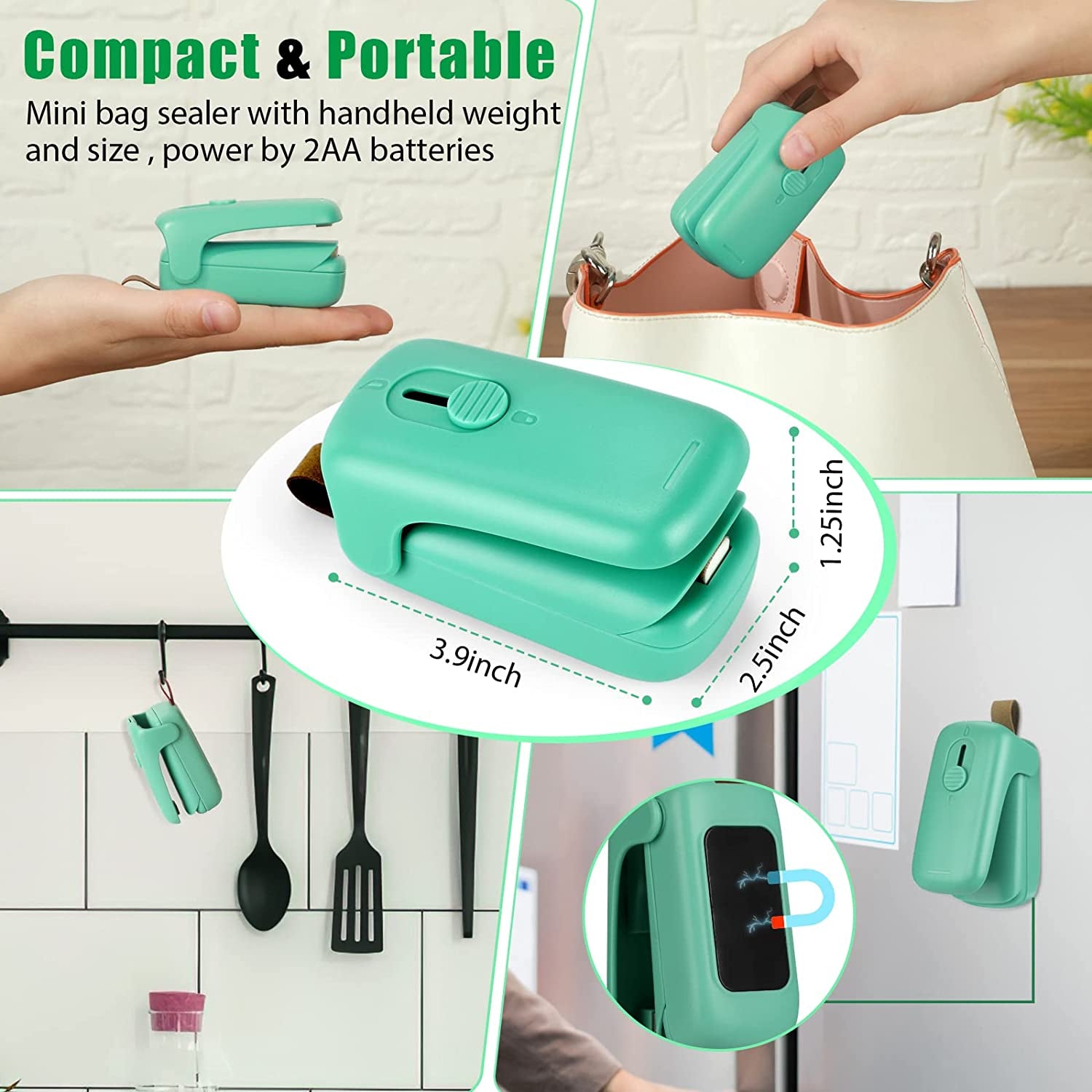 Comfort and Portable Green Mini Bag Sealer with Handheld Weight and Size, Portable Heat Sealer for Plastic Bags,Chip Bag Sealer,Handheld Vacuum Sealer,Sealer and Cutter,Bag Resealer Machine.