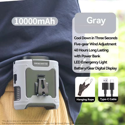 Grey 20000mAh Outdoor Portable Waist Fan with Power Bank and LED Lighting for Sports and Outdoor Activities