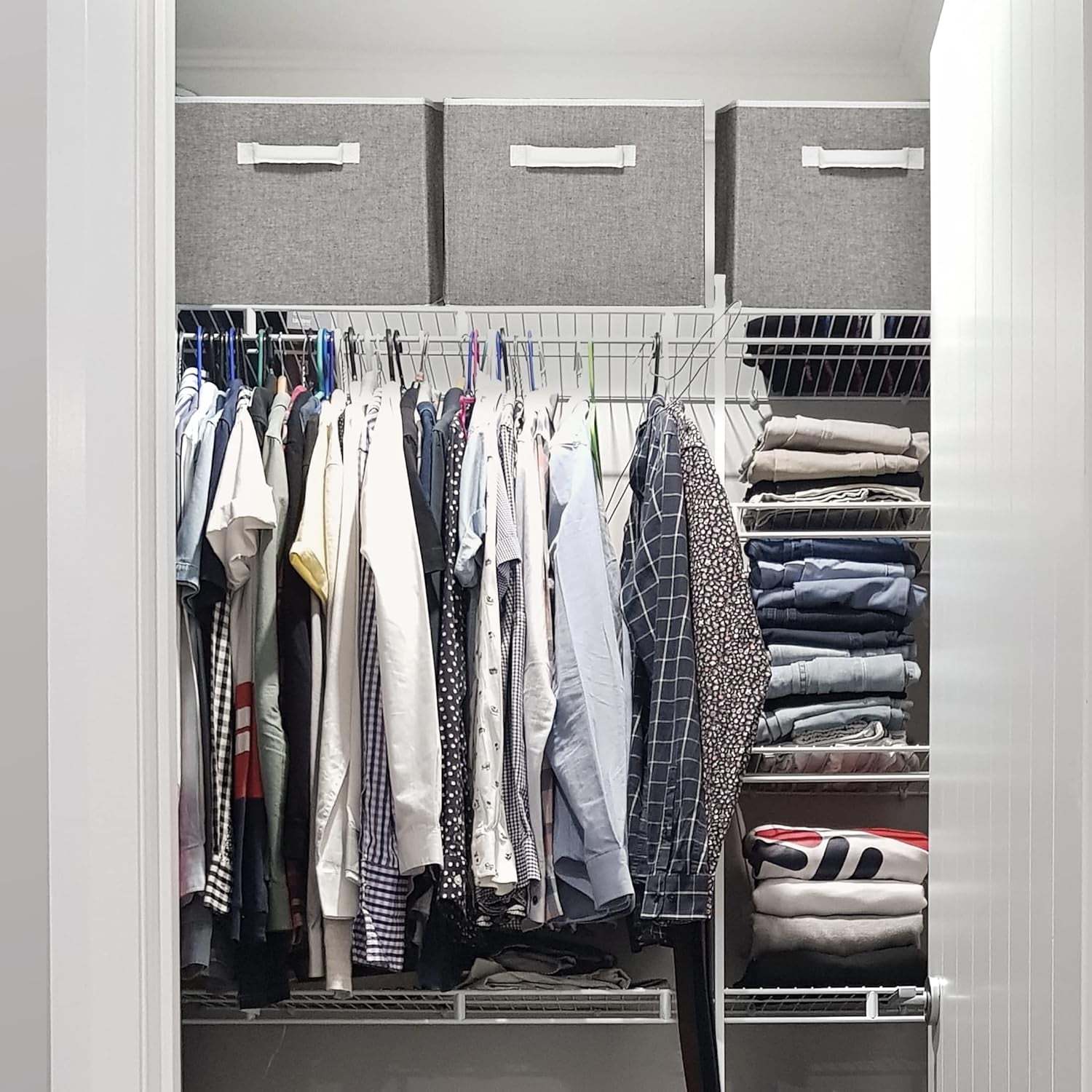 Grey 32L Closet Storage Baskets for Shelves, Jumbo Closet Organizers with Handles, Foldable Closet Baskets for Linen Closet, 3-Pack, Gray