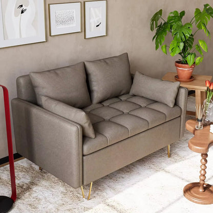 Grey Faux Leather Love Seats Couch, Modern Design with Button Tufted and Gold Metal Leg, Lift-Up Storage Box, Thickened Cushion Sofa