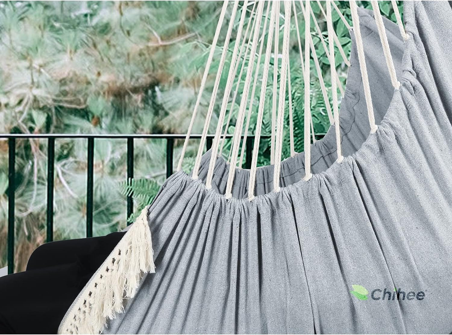 Grey Hammock Chair Hanging Swing Max 500 Lbs 2 Cushions Included Steel Spreader Bar with Anti-Slip Grooves Portable Hanging Chair Side Pocket Large Macrame Bohemian Chair Indoor Outdoor