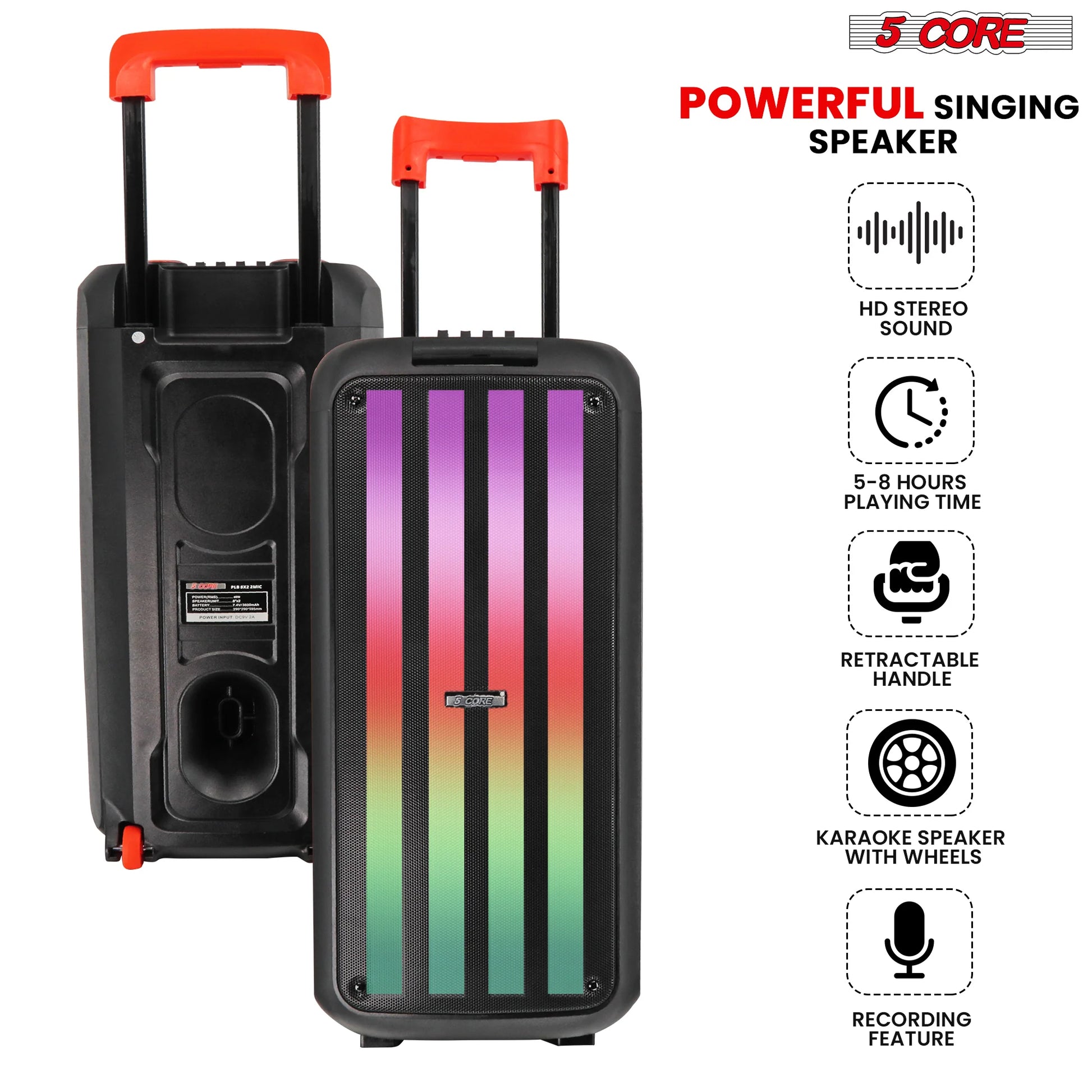 Powerful Singing Speaker 5Core Bluetooth Party Speaker 8 Inch PA RGB Partybox Karaoke Machine + 2 Wireless Mic