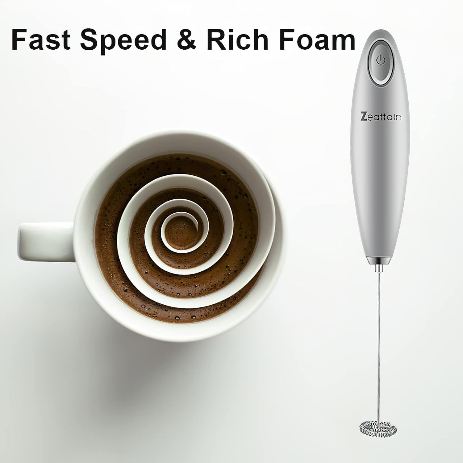 High Speed Milk Frother Handheld Mixer, Battery Operated Electric Whisk Foam Maker for Cappuccino, Latte, Coffee, Matcha & More - Sliver