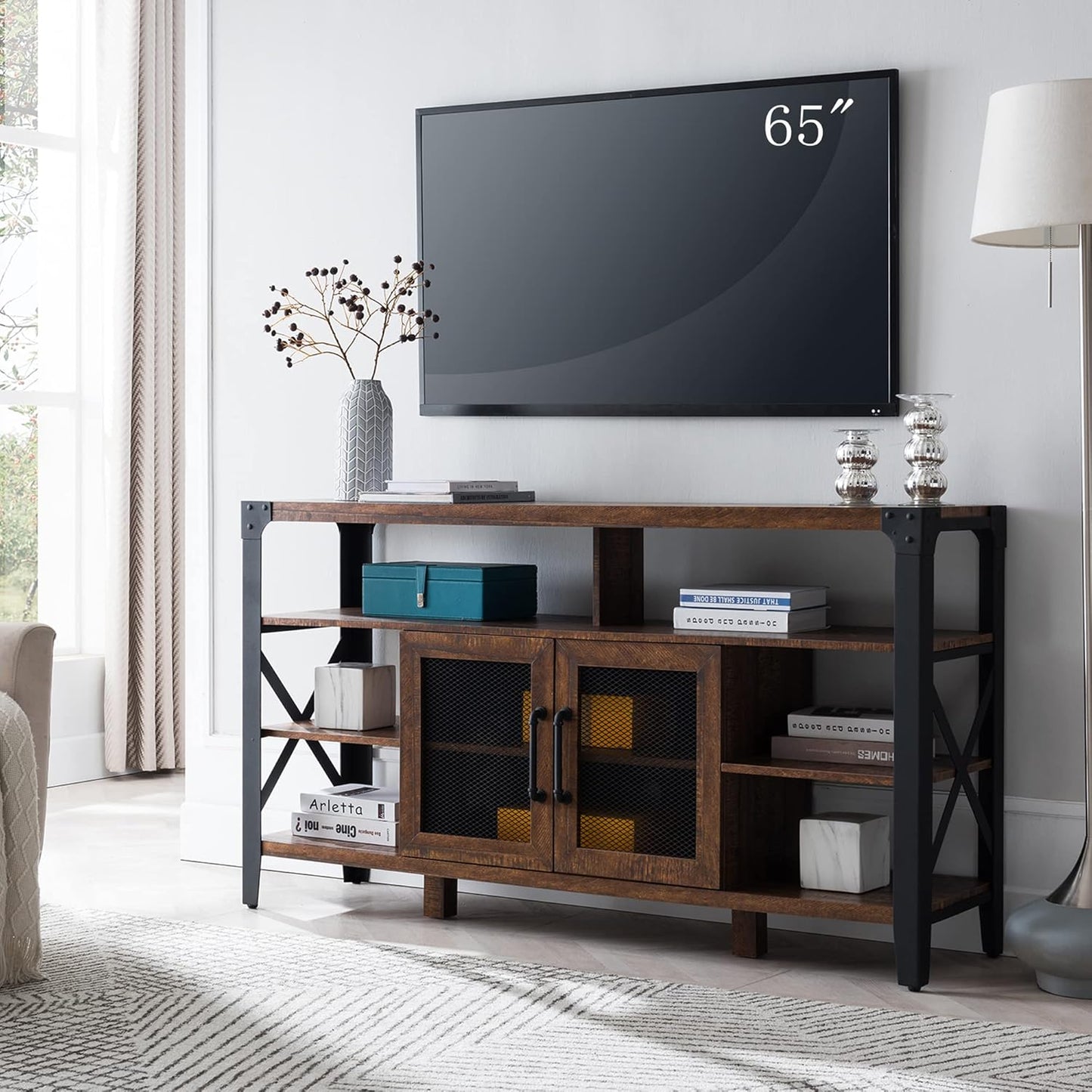 Wooden TV Stand Industrial Rustic Entertainment Center for 65 Inch TV, 33" Tall Wood Media TV Console Cabinet Table W/Soundbar Shelf & 2" Wide Metal X-Frame for Living Room, Reclaimed Barnwood Color