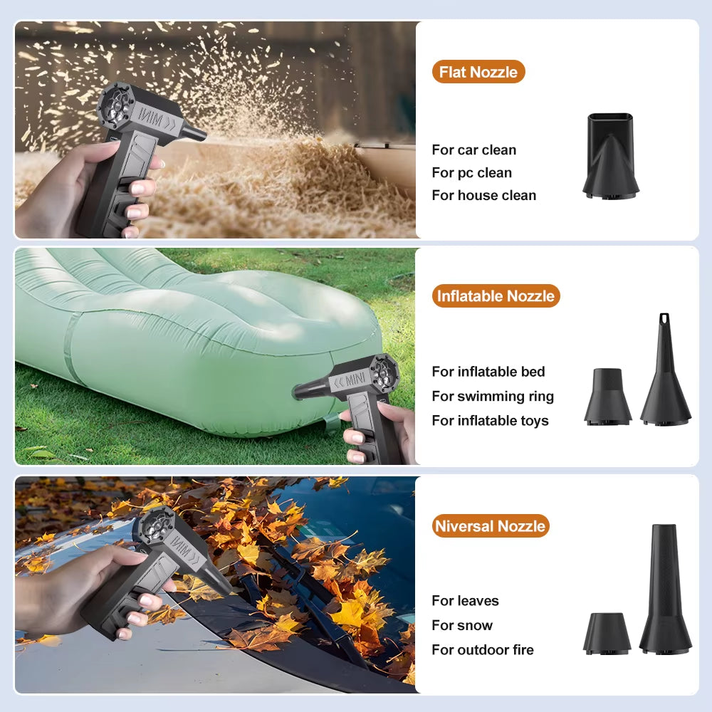 Multiple Nozzles - Flat, Inflatable and Niversal Nozzle
Turbo Jet Electric Air Duster - 130,000 RPM Portable Blower with 5 Nozzles & Type-C Charging for Powerful Cleaning