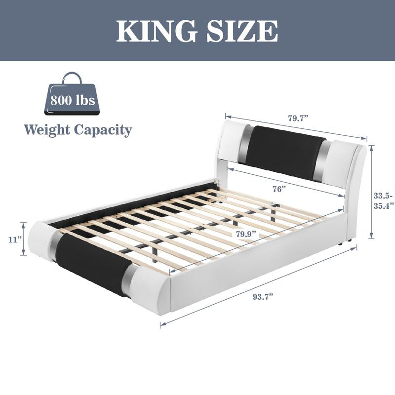King Size Modern Faux Leather Platform Bed Frame with Adjustable Headboard 