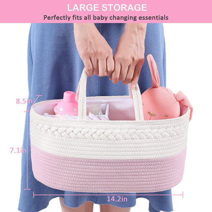 Large Storage Diaper Caddy Organizer, Cotton Rope Nursery Baby Basket, Changing Table Organizer for Baby Diaper Storage, Diaper Nursery Storage Bin for Baby Stuff, Baby Shower Gifts for Girls, Pink