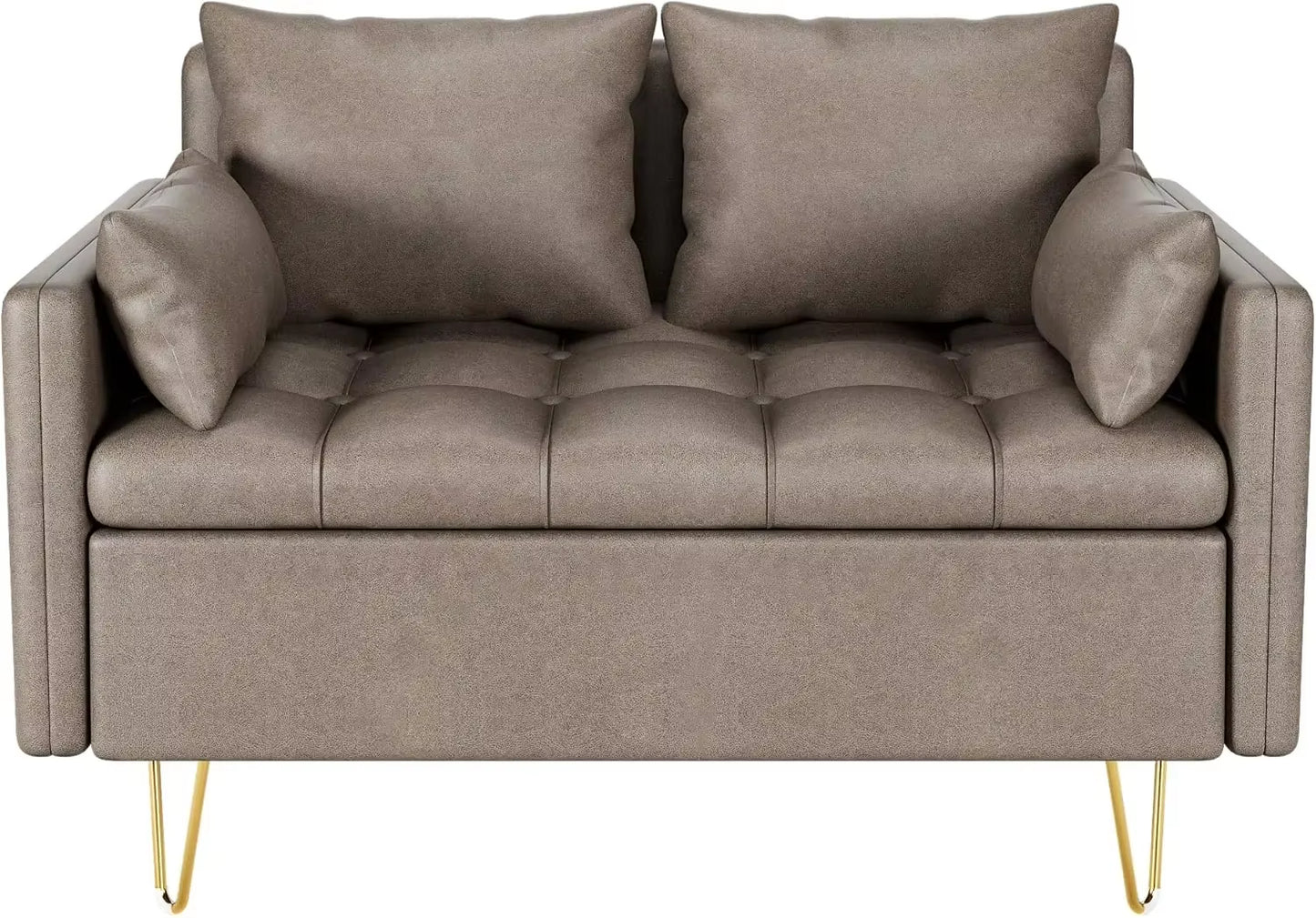 Two Legged Faux Leather Love Seats Couch, Modern Design with Button Tufted and Gold Metal Leg, Lift-Up Storage Box, Thickened Cushion Sofa