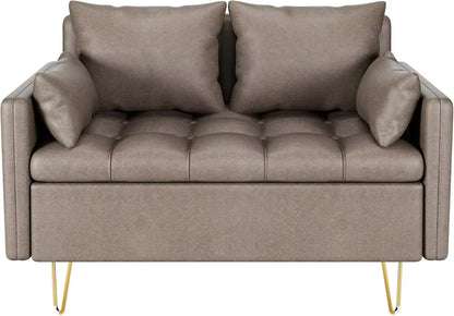 Two Legged Faux Leather Love Seats Couch, Modern Design with Button Tufted and Gold Metal Leg, Lift-Up Storage Box, Thickened Cushion Sofa