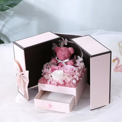 Pink and White Eternal Rose Bear Gift Box with Drawer Design Wedding Anniversary Valentine'S Day Birthday Flower Gifts for Her
