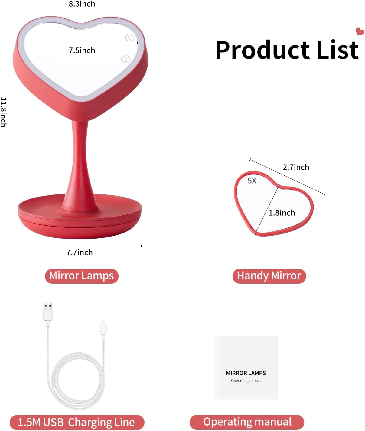 Handy Makeup Mirror with Lights,2000 Mah LED Rechargeable Makeup Mirror,Back Ambient Light, Nice Gift for Daughter Girlfriend Wife Sister,Red