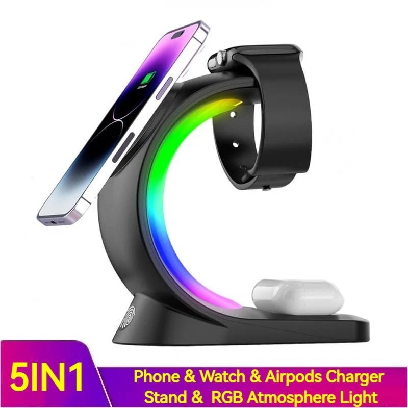 Stylish 4 in 1 Magnetic Wireless Charger Fast Charging for Smart Phone Atmosphere Light Charging Station for Airpods Pro I-Phone Elegant Watch 
