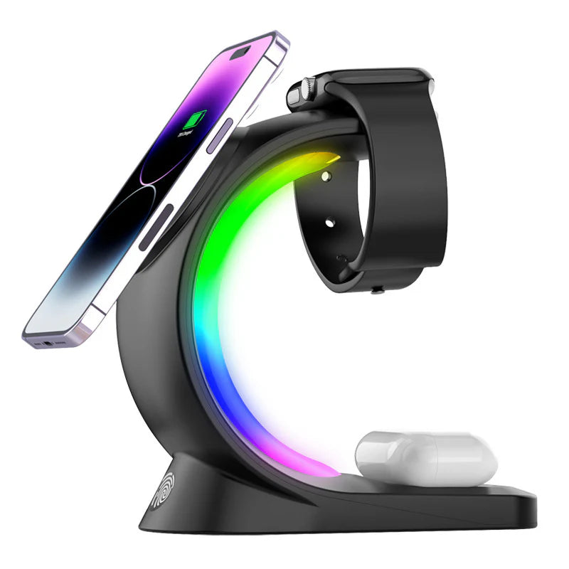 Practical 4 in 1 Magnetic Wireless Charger Fast Charging for Smart Phone Atmosphere Light Charging Station for Airpods Pro I-Phone Fancy Watch