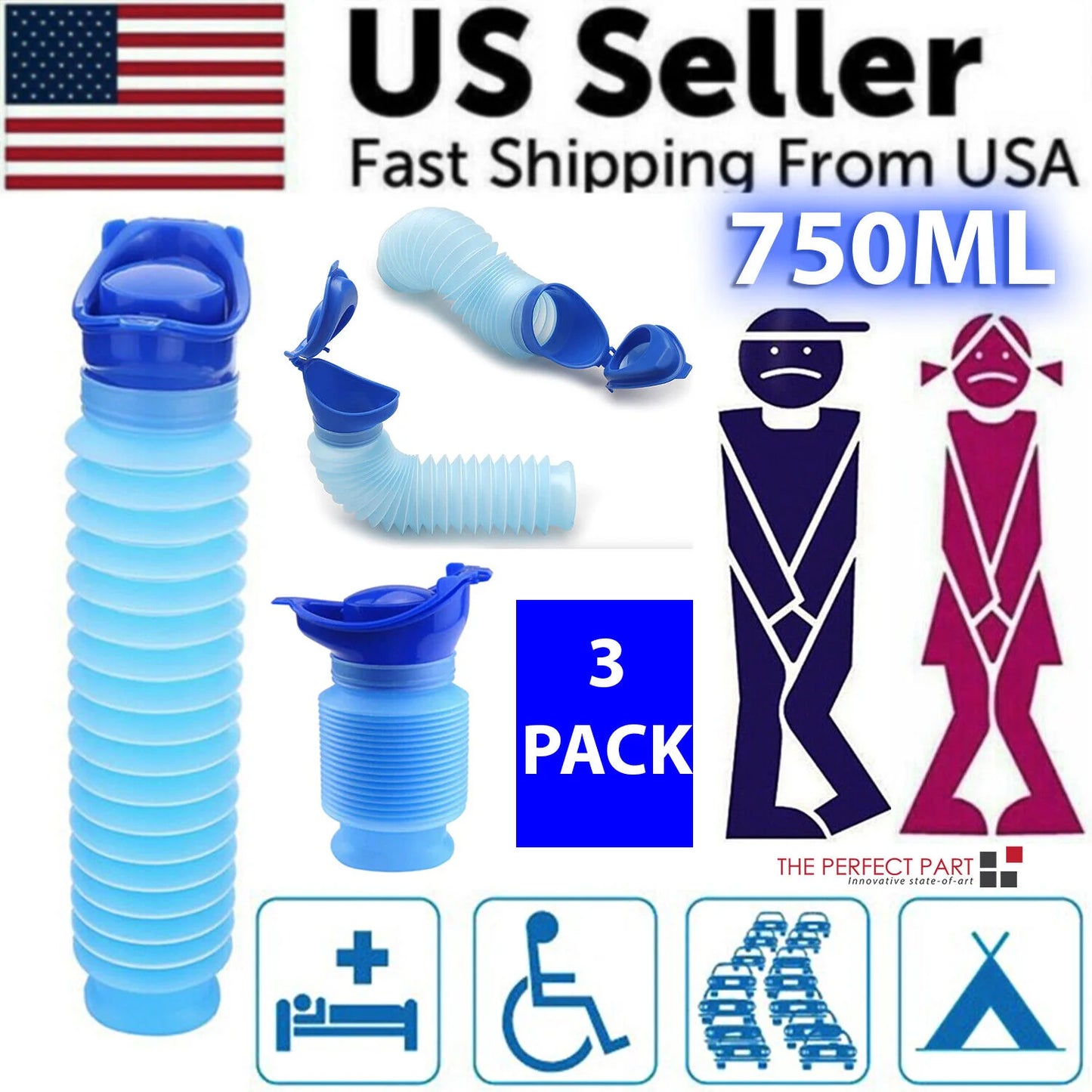 3 Pack Male Female Portable Urinal Travel Camping Car Toilet Pee Bottle Emergency Kit
