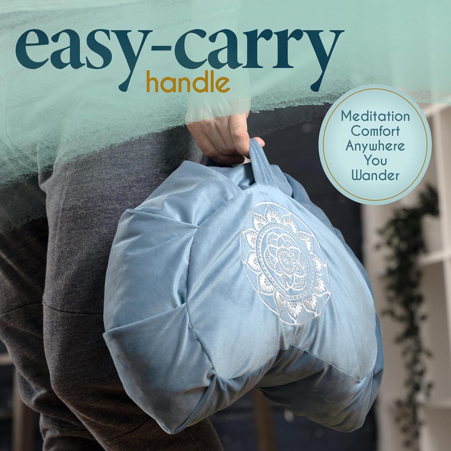 Easy-Carry Handle Meditation Cushion - Comfortable Floor Pillow - Traditional Tibetan Meditation Pillow with Beautiful Velvet Cover - Large Floor Cushion Seating for Adults - Premium Yoga Buckwheat Bolster