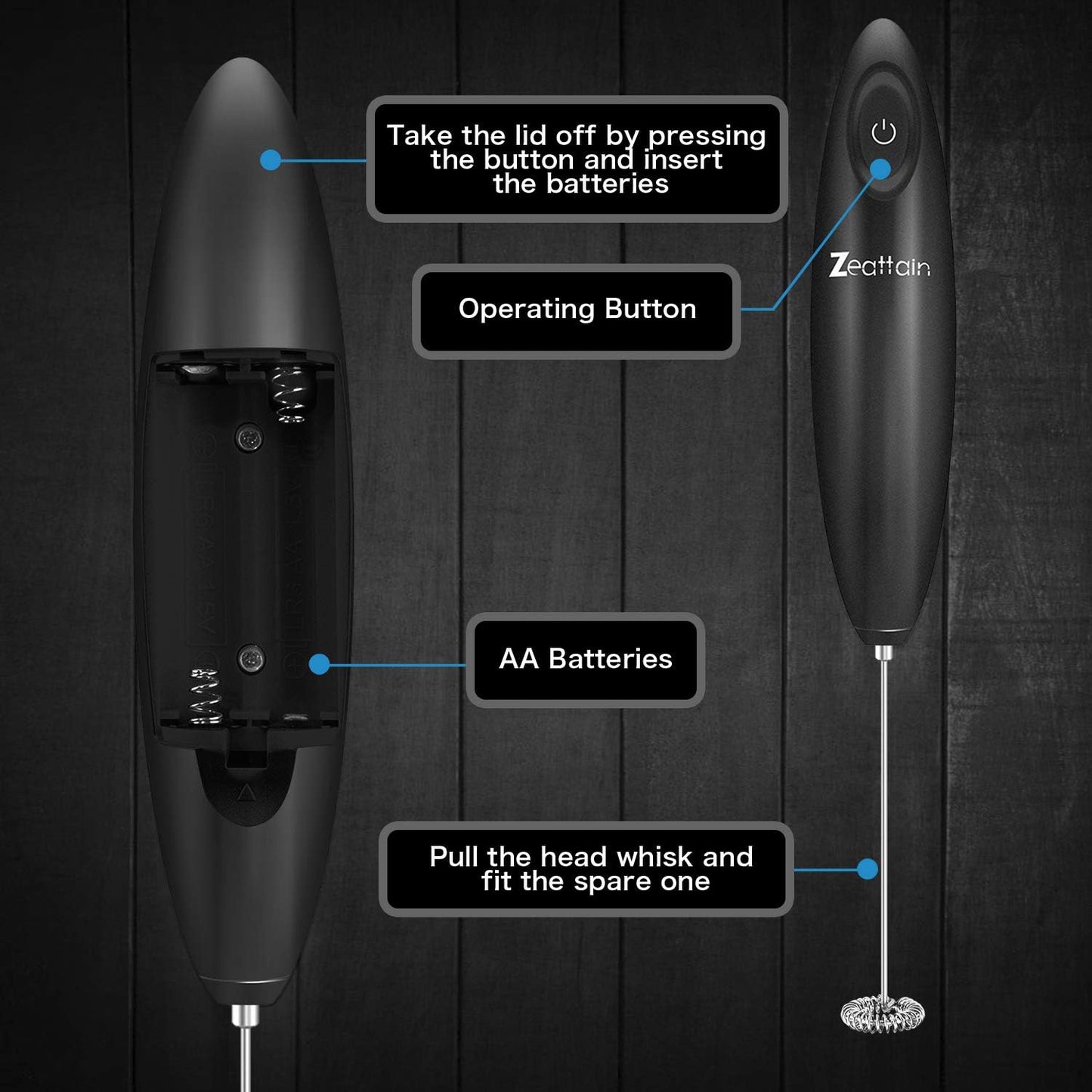 User Friendly Manual, Milk Frother Handheld Mixer, Battery Operated Electric Whisk Foam Maker for Cappuccino,Latte,Coffee,Matcha & More - Black