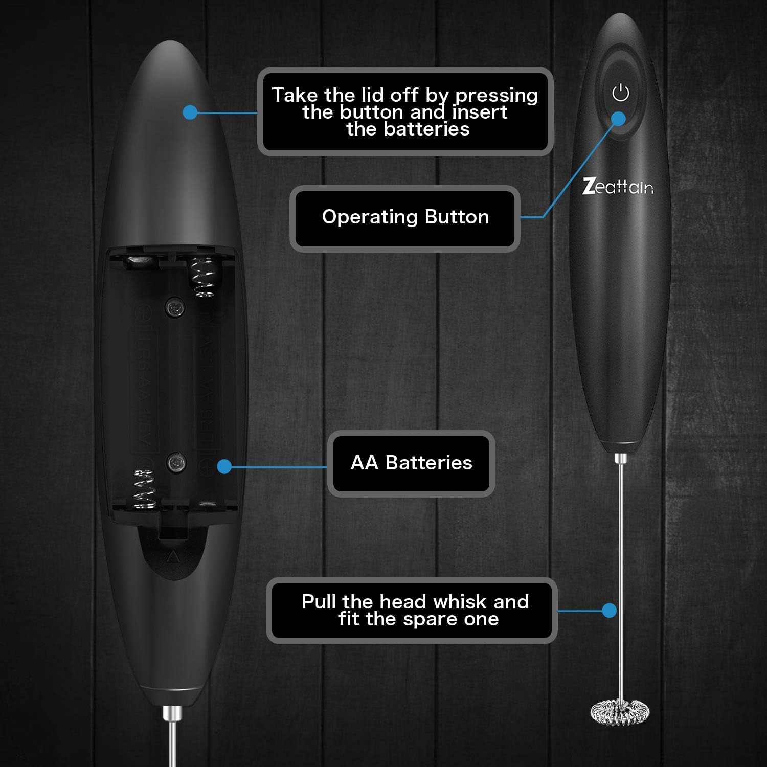 User Friendly Manual, Milk Frother Handheld Mixer, Battery Operated Electric Whisk Foam Maker for Cappuccino,Latte,Coffee,Matcha & More - Black