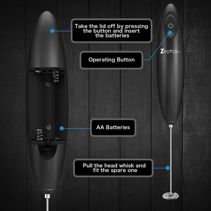 User Friendly Manual, Milk Frother Handheld Mixer, Battery Operated Electric Whisk Foam Maker for Cappuccino,Latte,Coffee,Matcha & More - Black