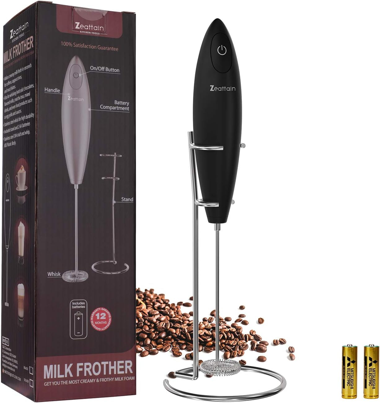 Milk Frother Handheld Mixer, Battery Operated Electric Whisk Foam Maker for Cappuccino,Latte,Coffee,Matcha & More - Black
