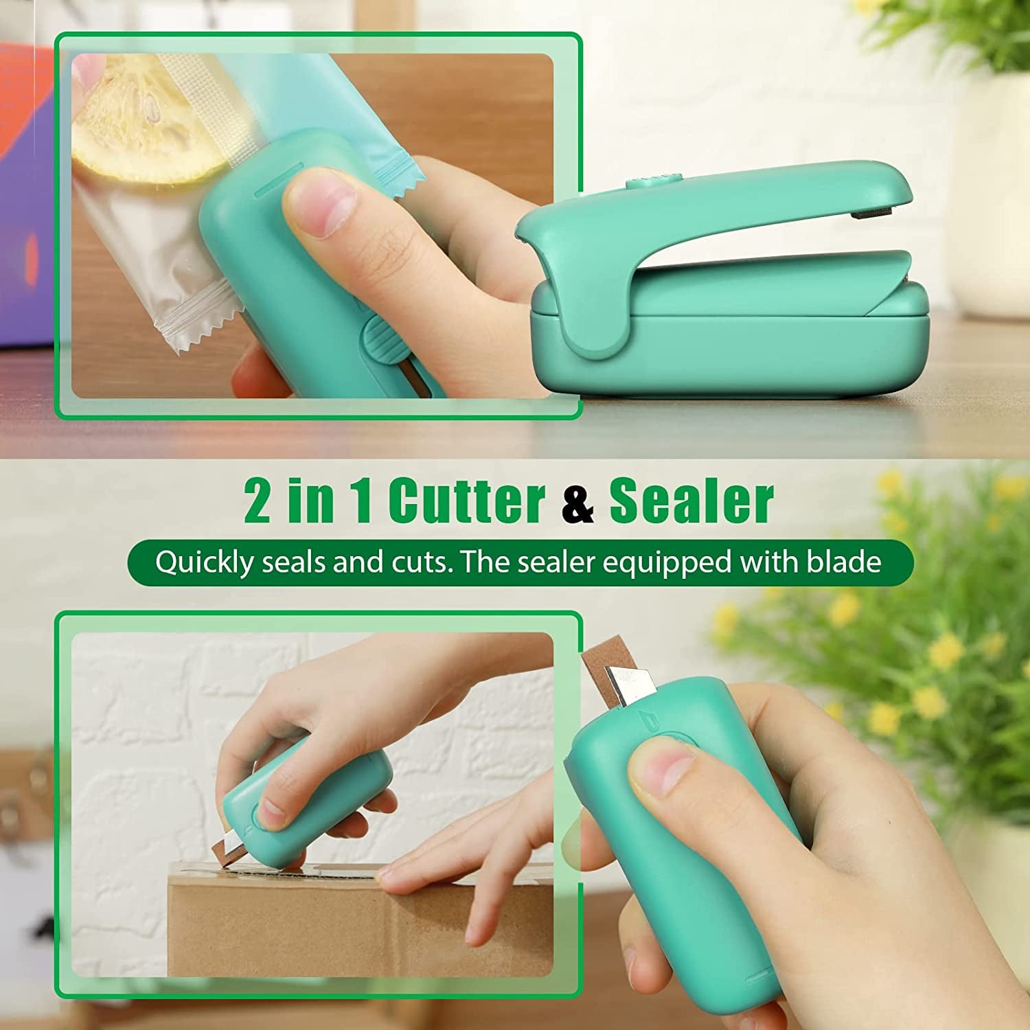 Portable 2 in 1 Cutter & Sealer Mini Bag Sealer, Quickly seals and cuts, the sealer equipped with blade 