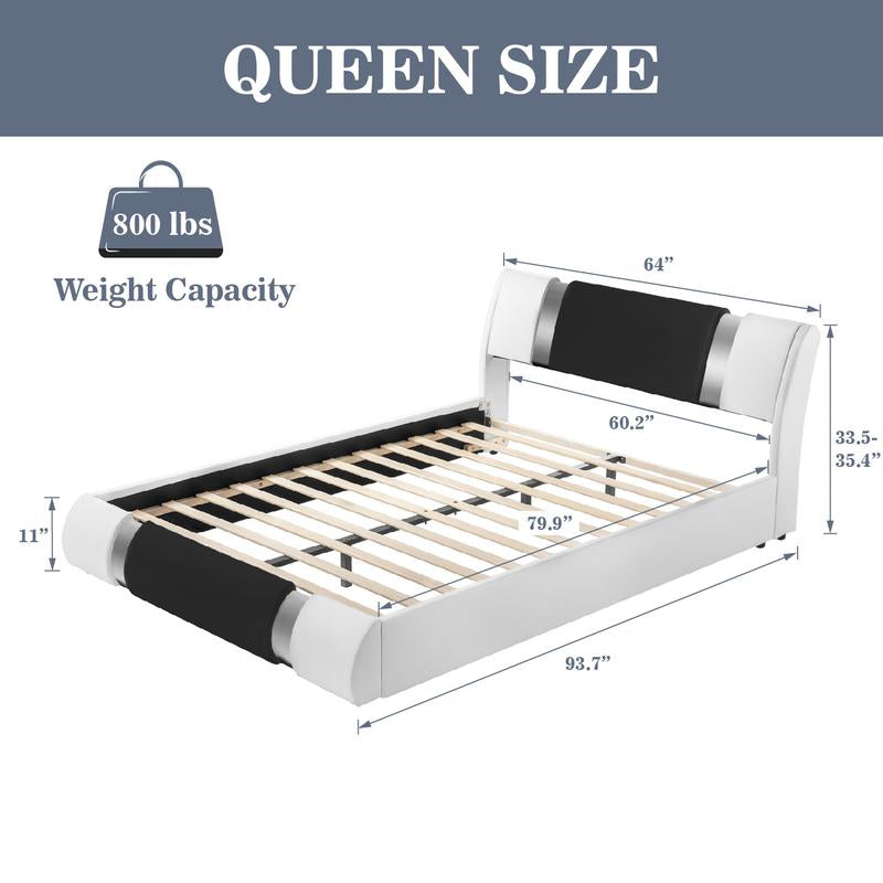 Modern Faux Leather Platform Bed Frame with Adjustable Headboard - Queen/King Size, No Box Spring Needed, Stylish Iron Decor