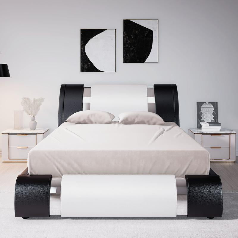 Black and White Faux Leather Platform Bed Frame with Adjustable Headboard - Queen/King Size, No Box Spring Needed, Stylish Iron Decor