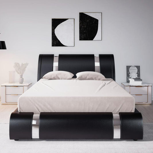 Modern Faux Leather Platform Bed Frame with Adjustable Headboard - Queen/King Size, No Box Spring Needed, Stylish Iron Decor