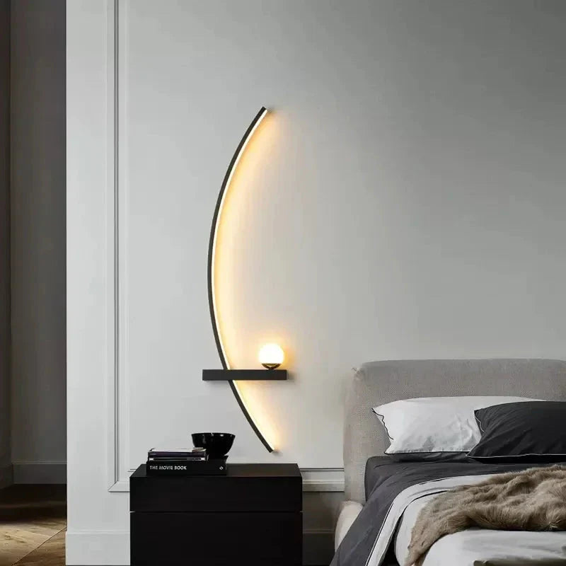 Slightly Curved Modern LED Wall Lamp – Minimalist Art Design for Bedroom, Living Room, and Bathroom, Gold/Black Left Side of The Bed