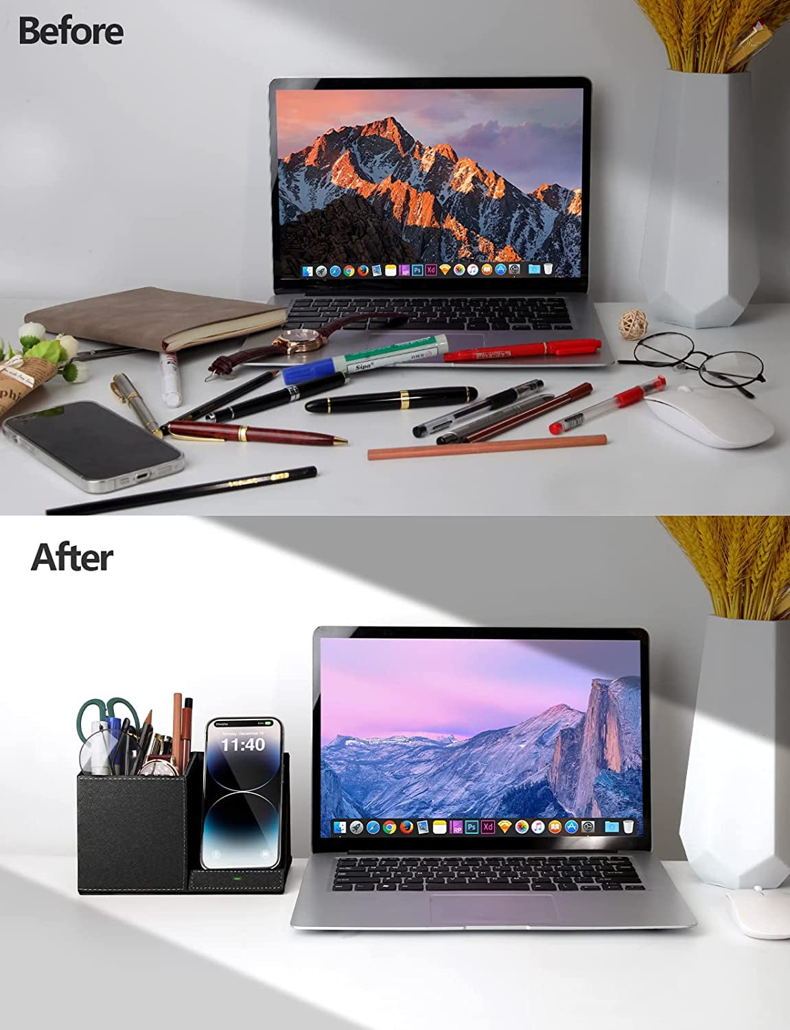 Multifunctional Organizer 2-In-1 Pen Holder with Wireless Charger, Compatible with Iphone 16/15/14/13/12/11/8 Series, Pencil Holder Phone Stand for Desk Home Office, Men Gift Husband Wife Anniversary Dad Birthday Idea Gadget