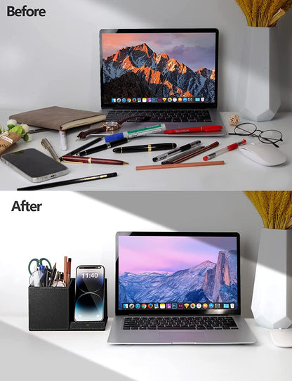 Multifunctional Organizer 2-In-1 Pen Holder with Wireless Charger, Compatible with Iphone 16/15/14/13/12/11/8 Series, Pencil Holder Phone Stand for Desk Home Office, Men Gift Husband Wife Anniversary Dad Birthday Idea Gadget