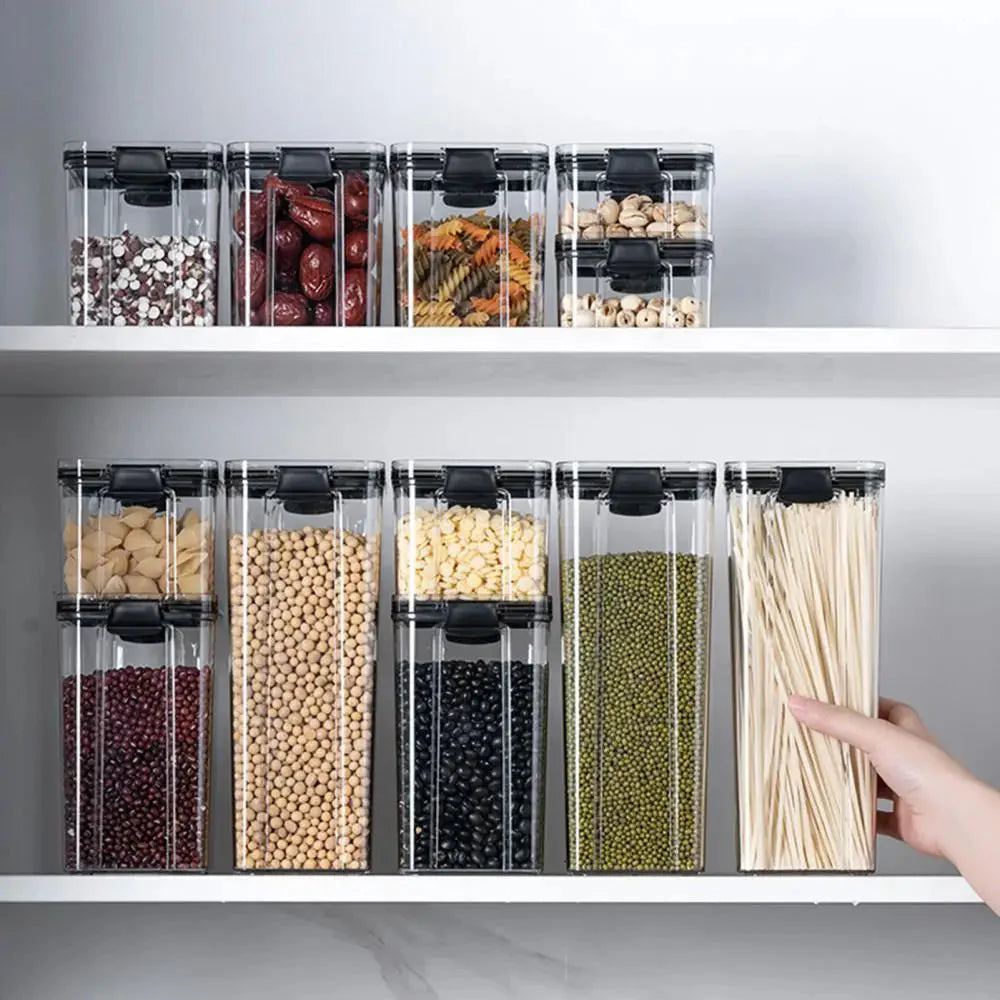 Multipurpose Food Storage Containers Set in different sizes - Clear Jars with Lids for Cereal, Candy, and Dry Goods Different Types.