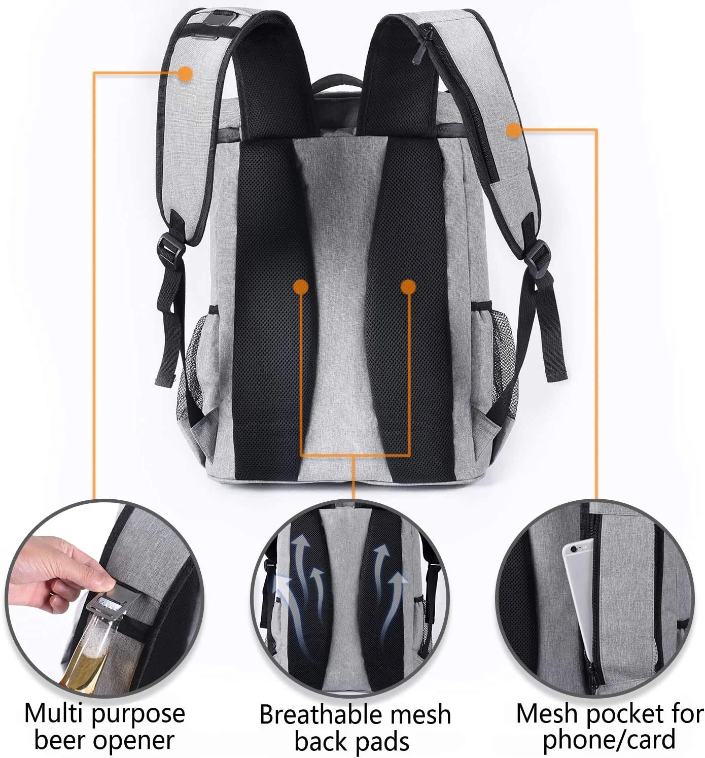 Multi Purpose Beer Opener and Mesh Pocket for Phones and Cards

Backpack Cooler Leakproof Insulated Waterproof Backpack Cooler Bag, Lightweight Soft Beach Cooler Backpack for Men Women to Work Lunch Picnics Camping Hiking, 30 Cans