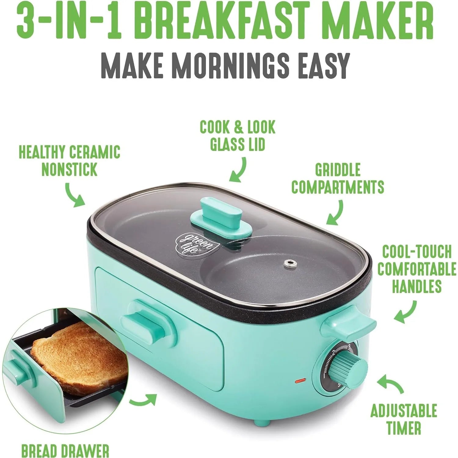 Adjustable Timer with Cool-Touch Comfortable Handles 3-In-1 Breakfast Maker Station, Ceramic Nonstick Dual Griddles & Breakfast Sandwiches, 2 Slice Toast Drawer, Turquoise