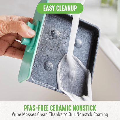 Easy Cleanup 3-In-1 Breakfast Maker Station, Ceramic Nonstick Dual Griddles & Breakfast Sandwiches, 2 Slice Toast Drawer, Turquoise