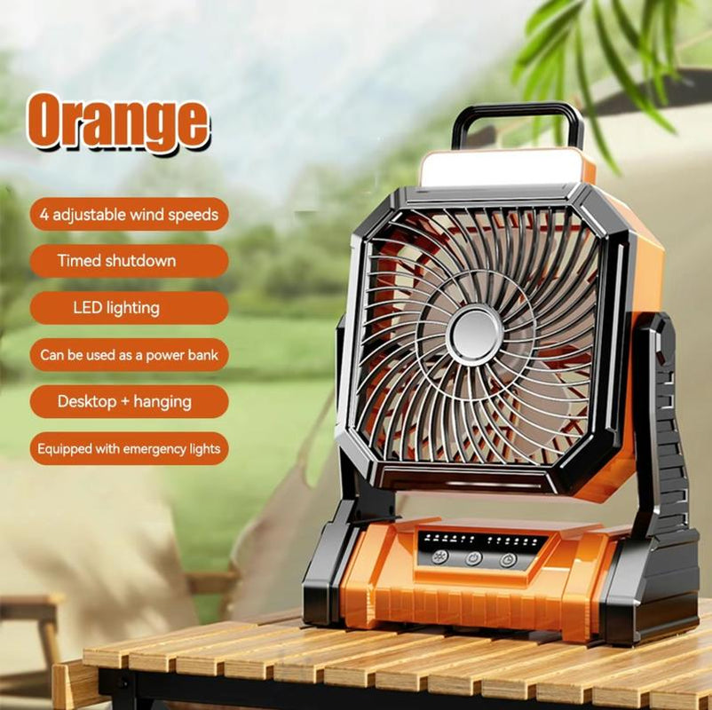 Orange Ultimate 50000mAh Rechargeable Camping Fan with LED Lights - Portable, Multifunctional, 360° Rotating, Remote Control Shaking Head Fan for Tent, Travel, and Outdoor Adventures