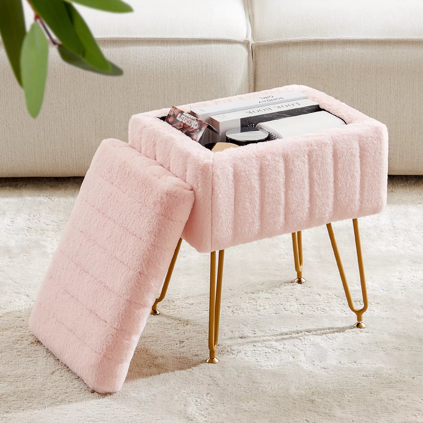 Pink Faux Fur Living Room Hidden Storage Stools & Ottomans Padded Makeup with 4 Metal Legs Anti-Slip Adjustable Feet for Home