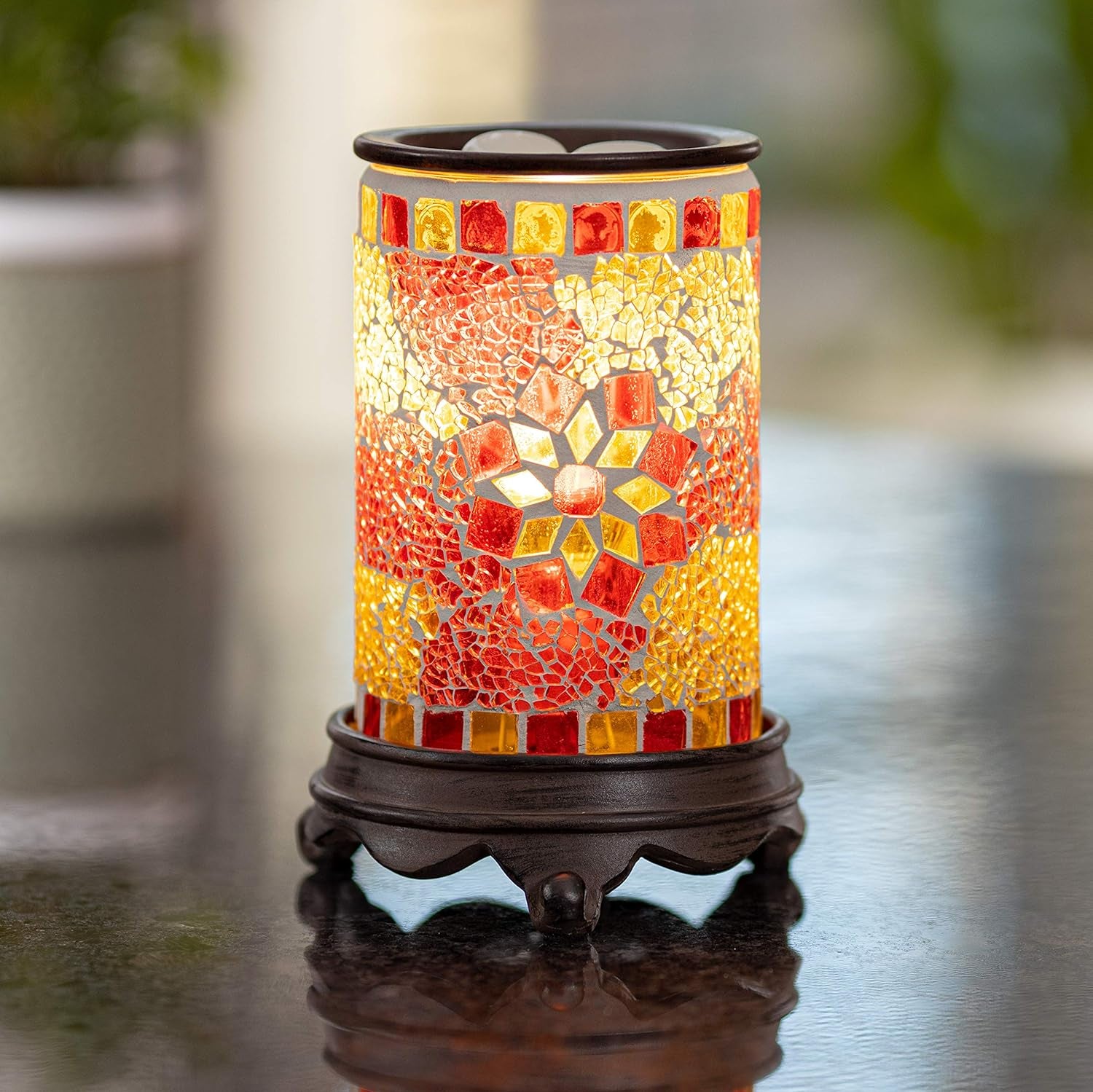 Wooden Bottom Wall Plug-In Wax Warmer for Scented Wax Mosaic Glass Ruby and Gold Electric Home Fragrance Warmer for Essential Oils Candle Wax Melts and Tarts Scent Warmer Night Light