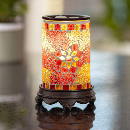 Wooden Bottom Wall Plug-In Wax Warmer for Scented Wax Mosaic Glass Ruby and Gold Electric Home Fragrance Warmer for Essential Oils Candle Wax Melts and Tarts Scent Warmer Night Light