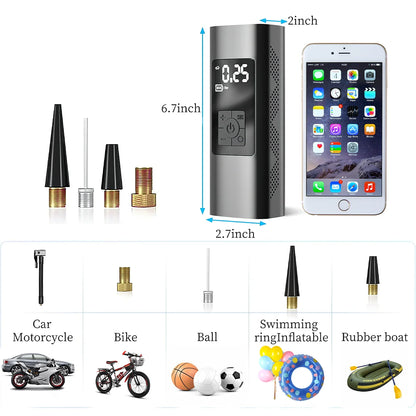 6.7inch long Tire Inflator, Portable 150 PSI Air Compressor Bicycle Pump with Digital Pressure Gauge, Cordless Rechargeable Tire Pump with Emergency LED Light, Mini Electric Air Pump for Car Bike Motorcycle Ball